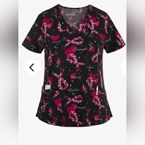 Green Town Hope & Love Breast Cancer Ribbon Women's 3-Pocket V-Neck Print Scrubs